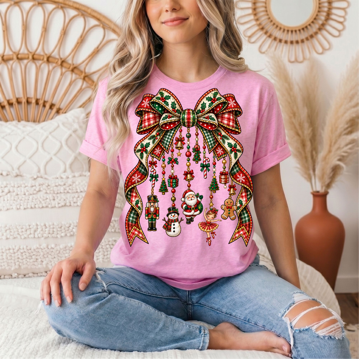 Christmas Plaid Bow & Holiday Charms Graphic Tee