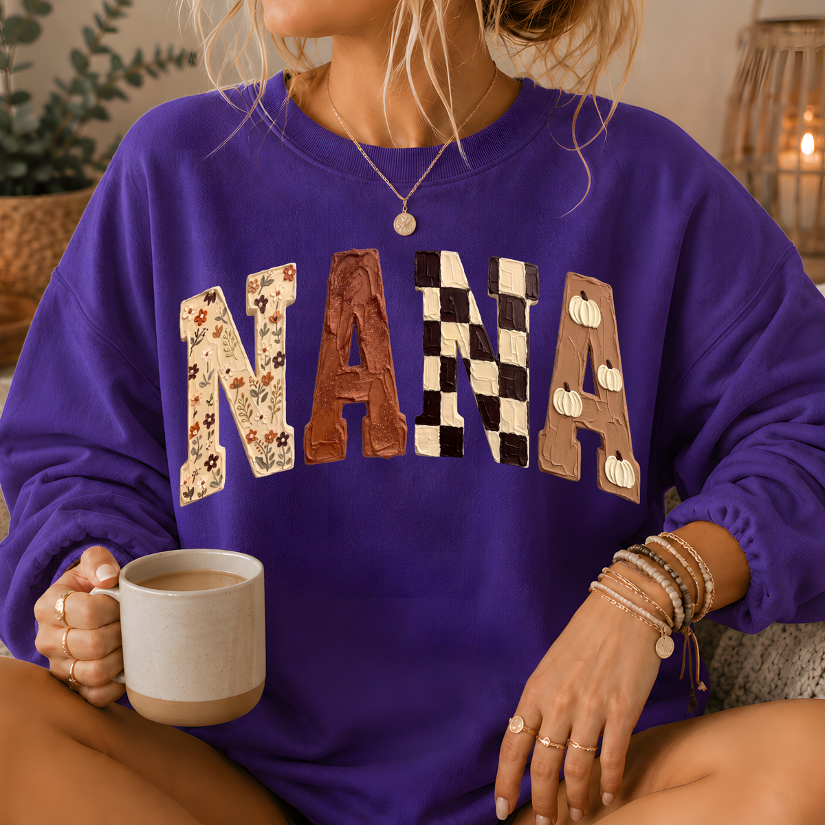 Nana Fall Patchwork Print Crewneck Sweatshirt