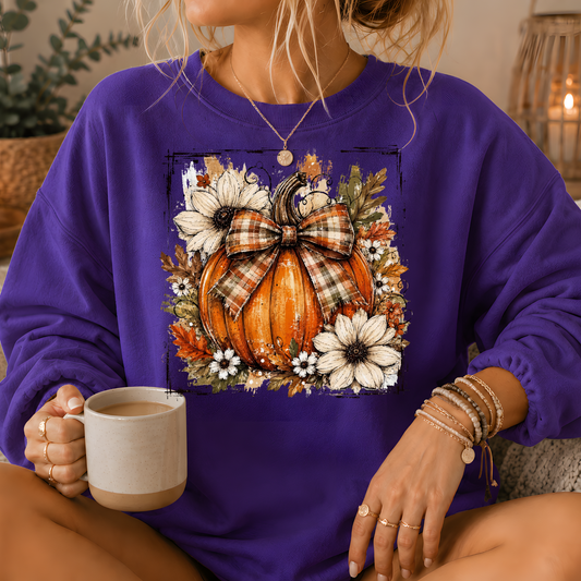 Pumpkin Plaid Bow Floral Crewneck Sweatshirt