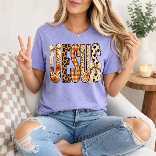 Jesus Floral, Leopard & Gingham Bow Graphic Tee