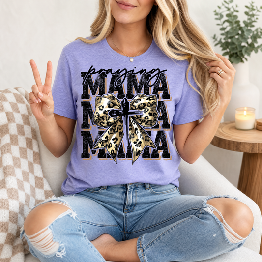 Praying Mama Leopard Bow & Cross Graphic Tee