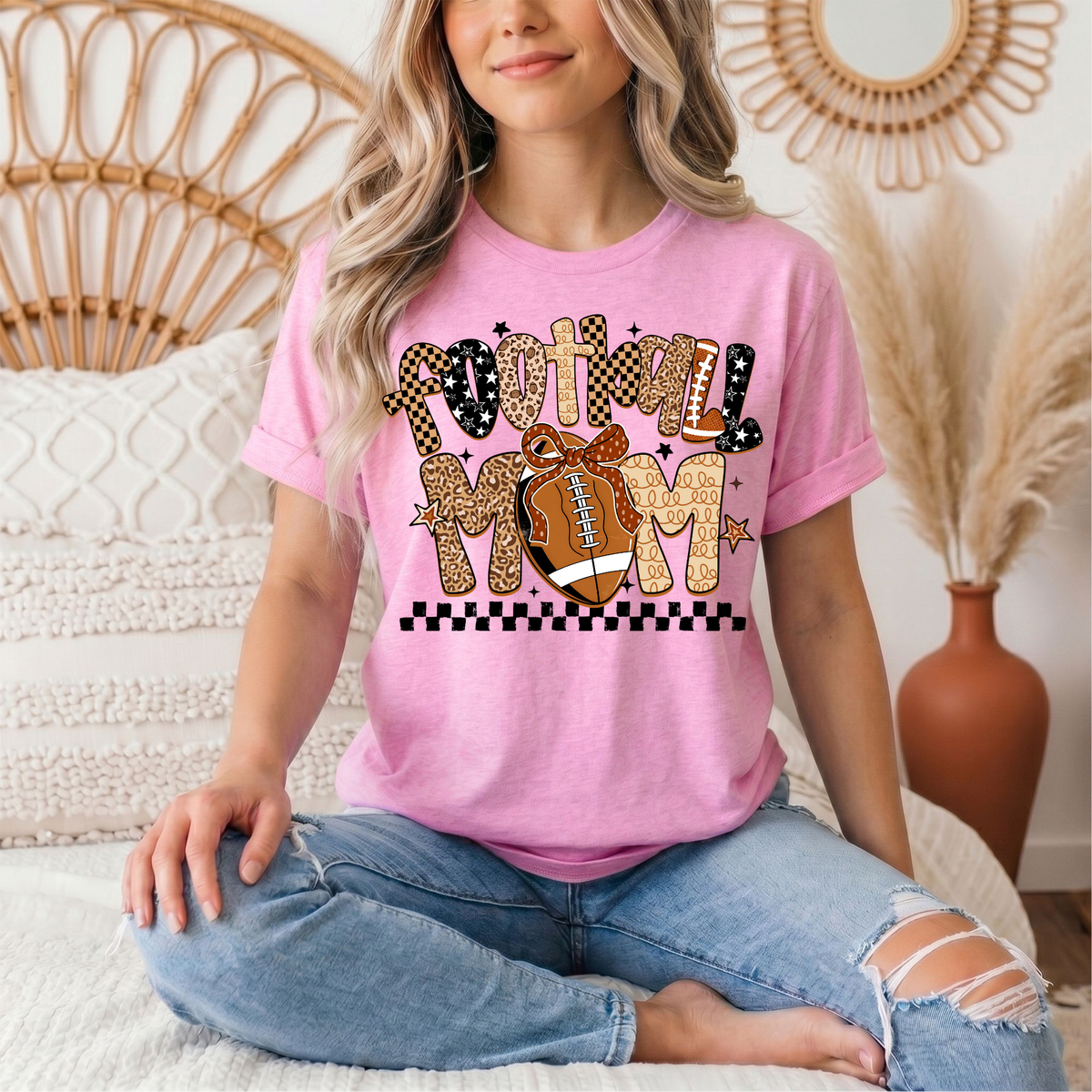 Football Mom Mixed Print Bow & Checkerboard Graphic Tee