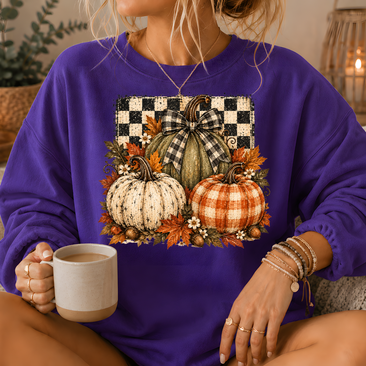 Pumpkin Plaid Bow Floral Crewneck Sweatshirt