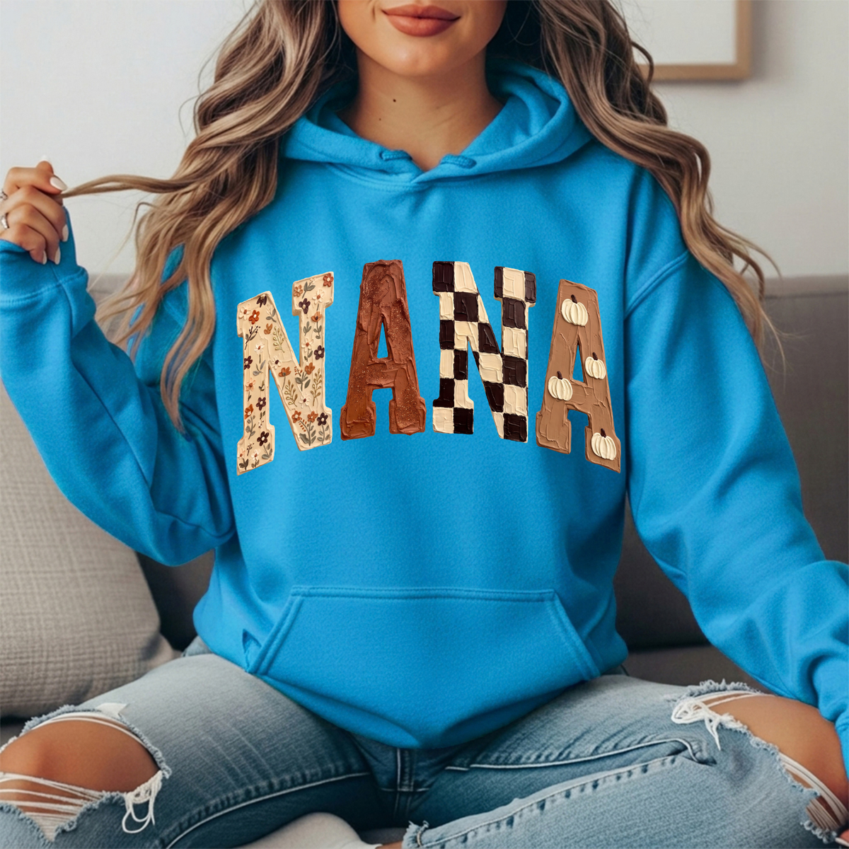 Nana Fall Floral, Checkerboard & Pumpkin Graphic Hoodie