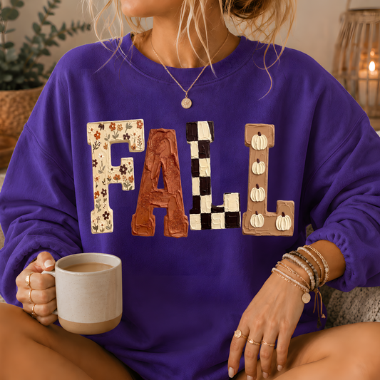 Fall Patchwork Print Crewneck Sweatshirt