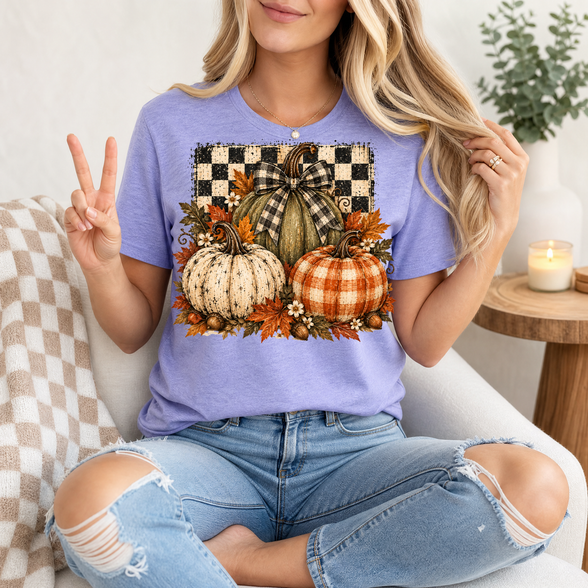 Rustic Fall Pumpkin Trio & Gingham Bow Graphic Tee