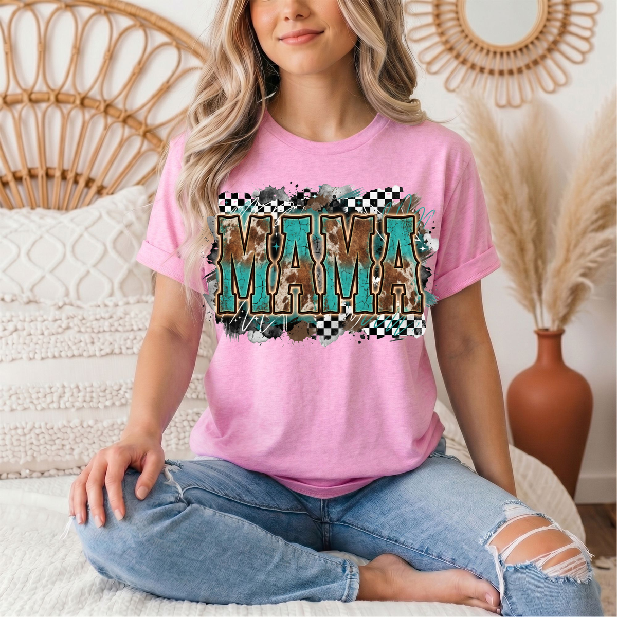 Turquoise & Cow Print Mama Western Graphic Tee