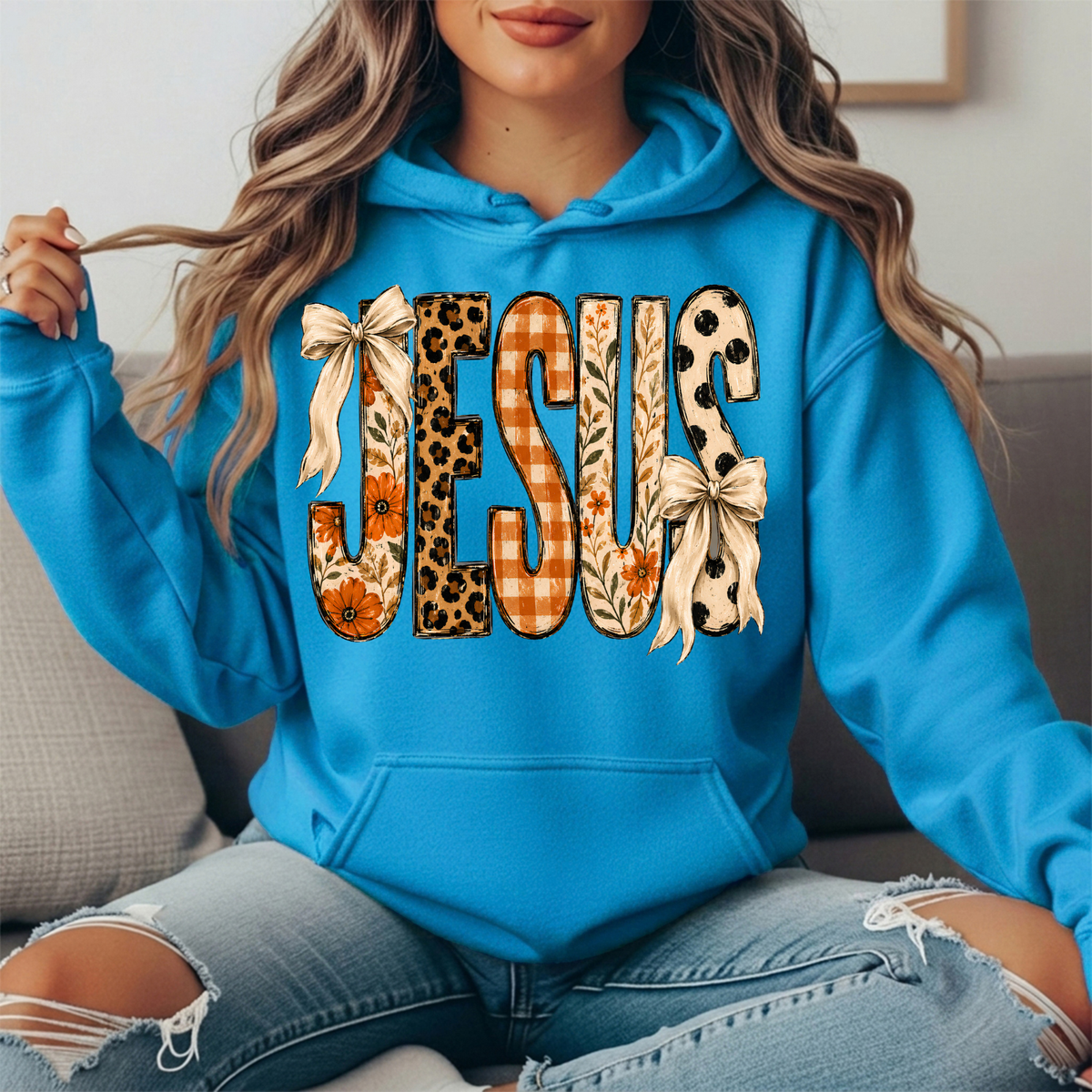 Jesus Patchwork Floral & Bow Graphic Hoodie