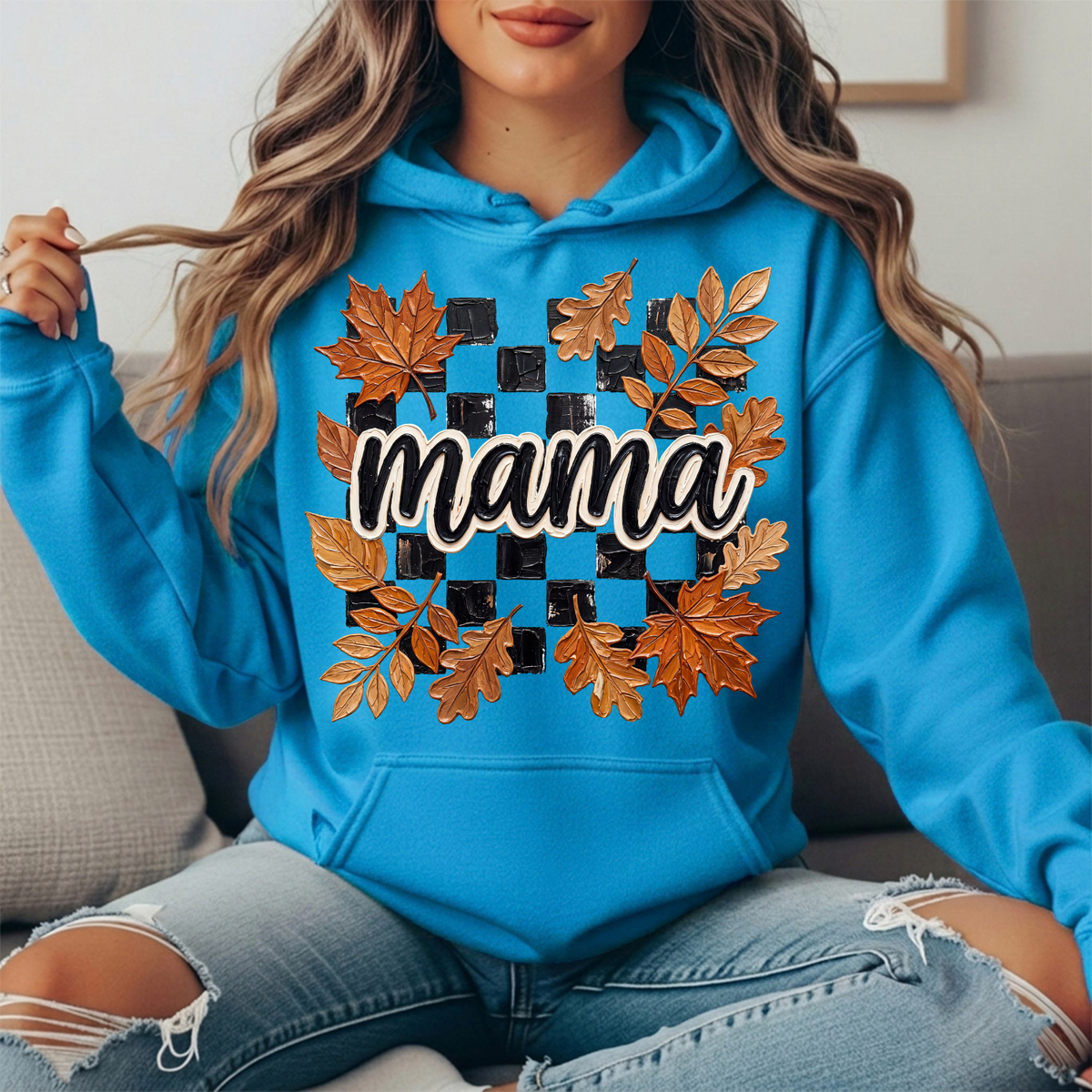 Mama Fall Leaves Checkerboard Graphic Hoodie