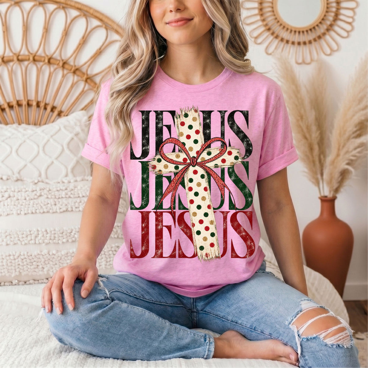 Jesus Christmas Cross & Bow Graphic Tee