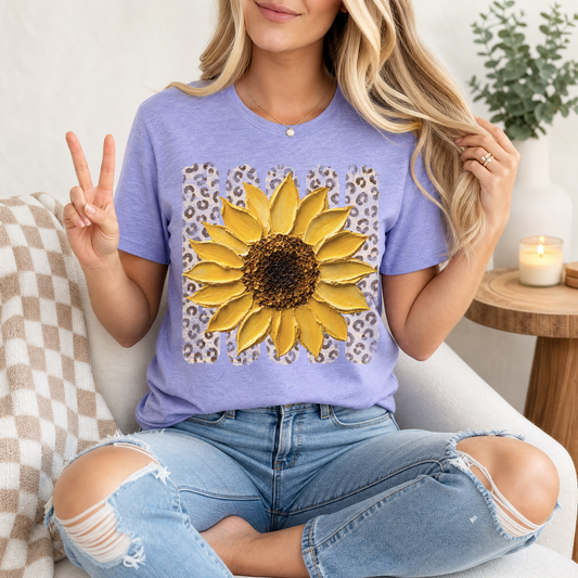 Painted Sunflower & Leopard Print Graphic Tee