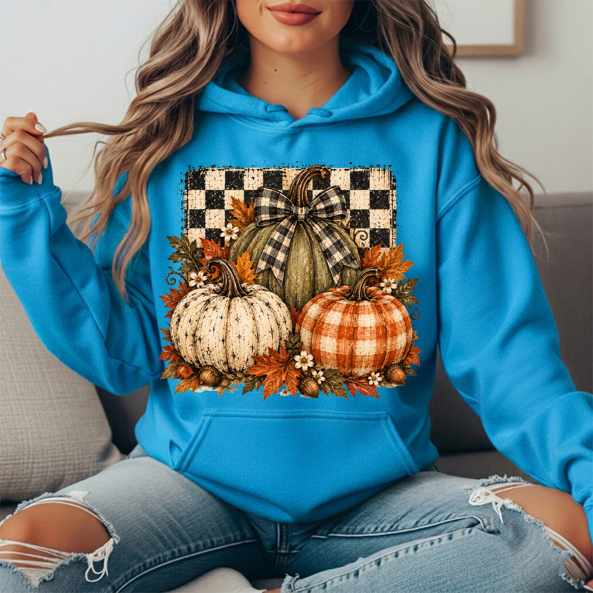 Rustic Fall Pumpkins Buffalo Check Bow Graphic Hoodie