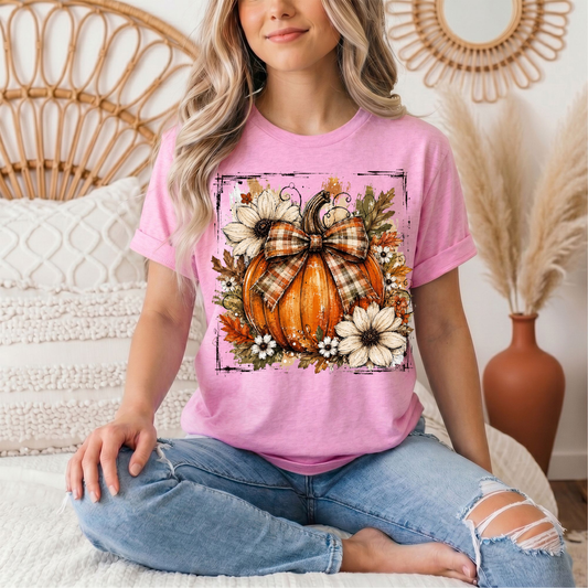 Fall Pumpkin Floral & Plaid Bow Graphic Tee