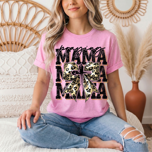 Praying Mama Leopard Bow & Cross Graphic Tee