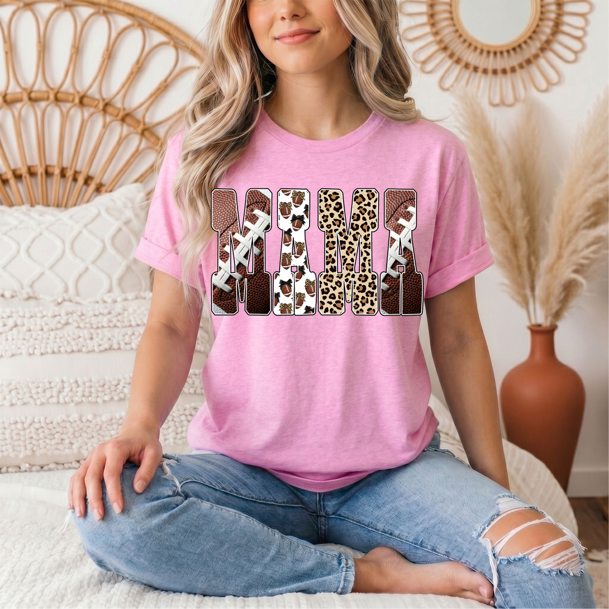 Mama Football & Leopard Mixed Print Graphic Tee