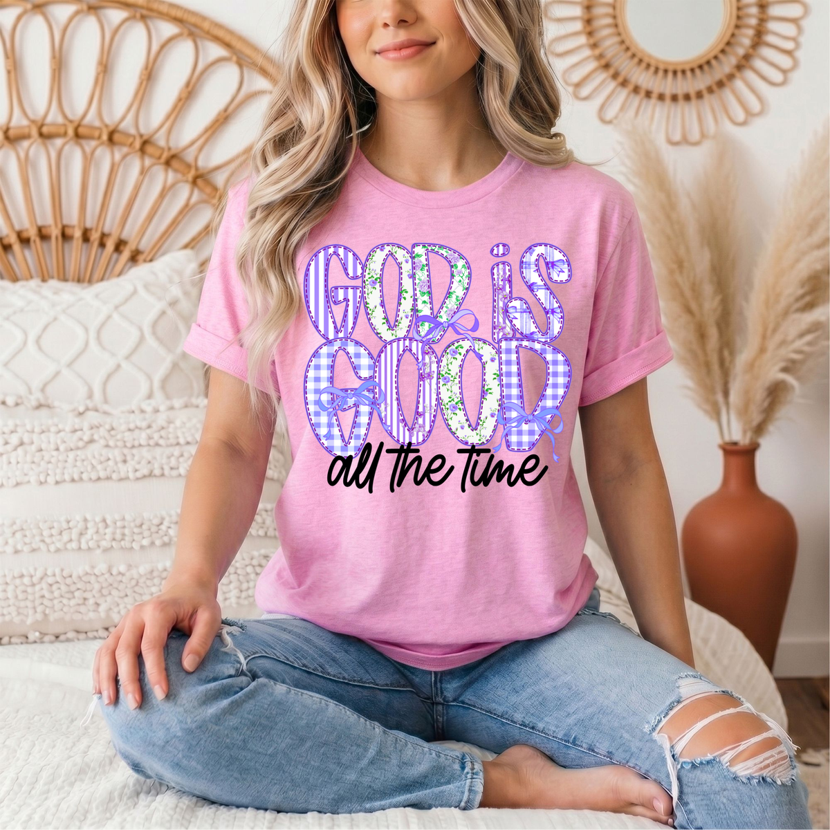God Is Good All the Time Purple Bow Graphic Tee