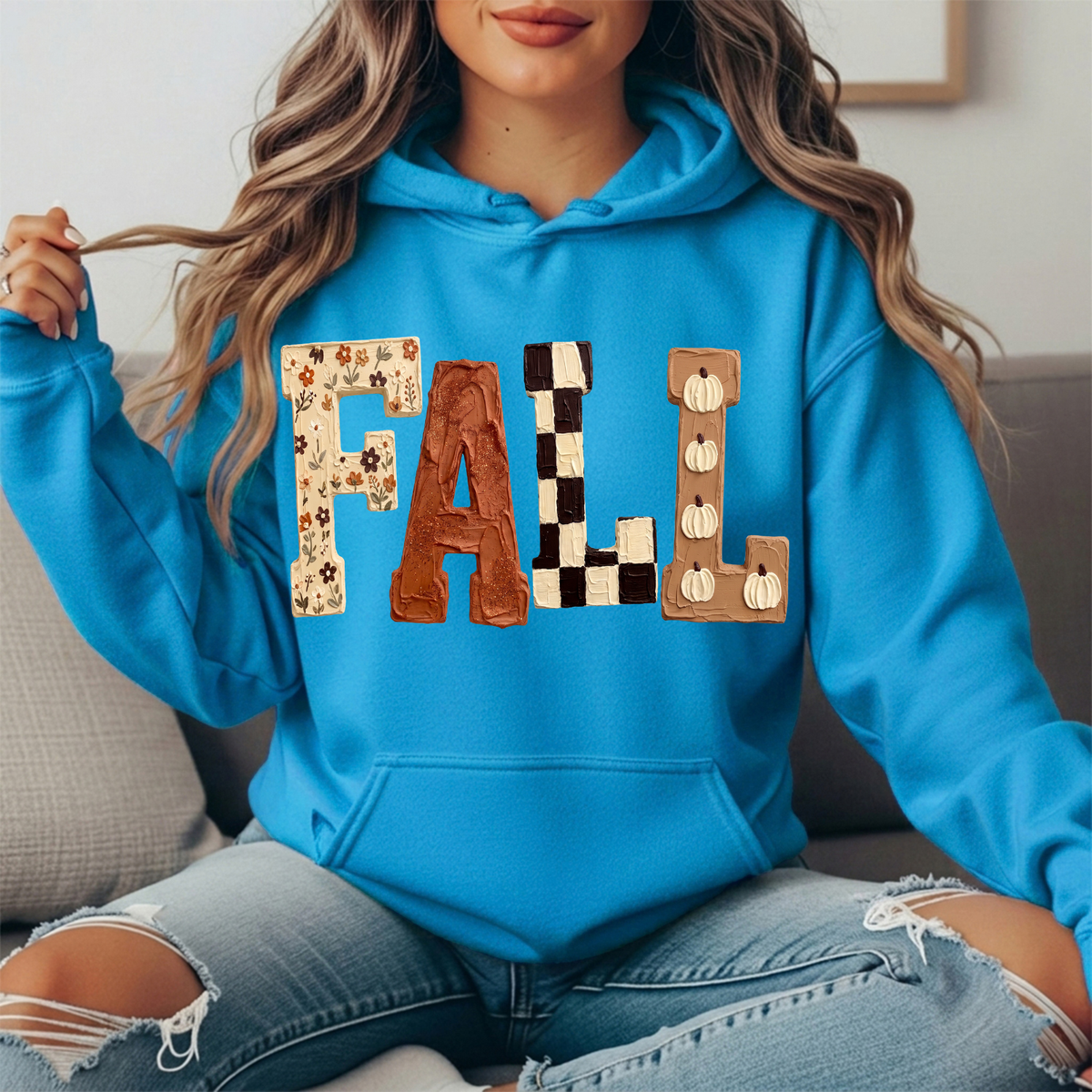 Fall Floral Checkerboard Pumpkin Lettering Graphic Hoodie