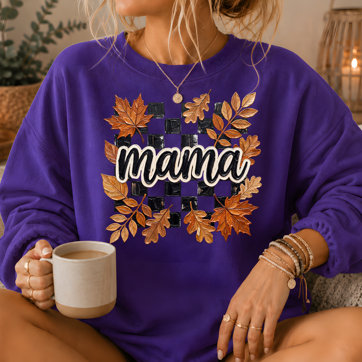 Mama Fall Leaves Checkerboard Crewneck Sweatshirt