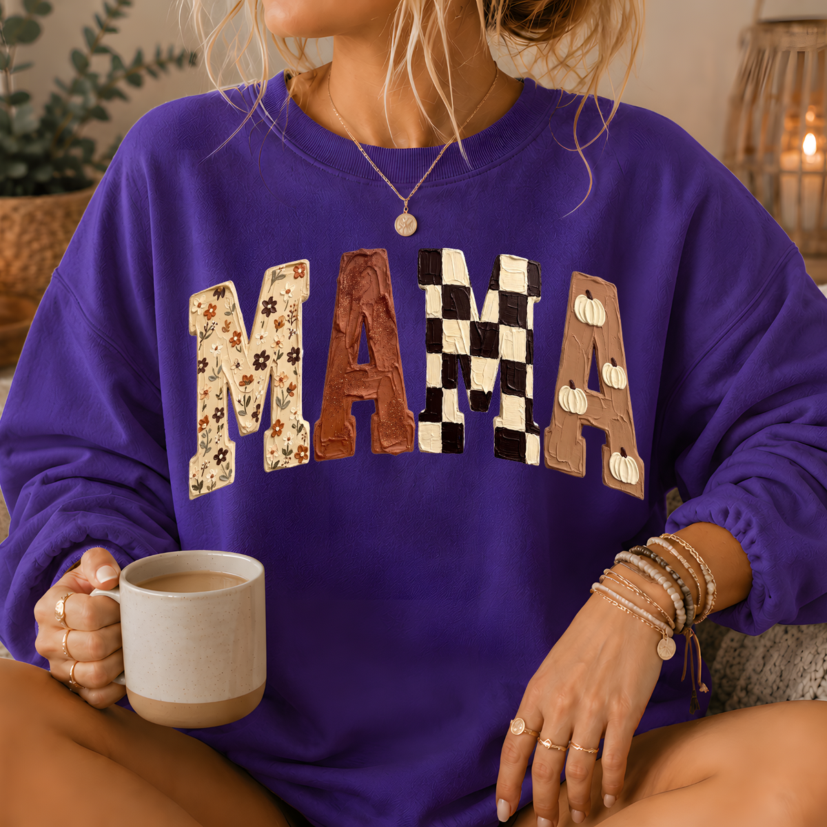 Mama Fall Patchwork Print Crewneck Sweatshirt