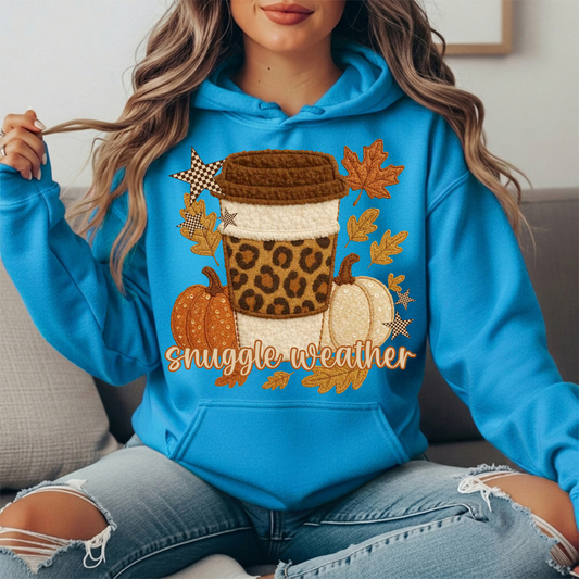 Snuggle Weather Faux Embroidery Coffee Hoodie Sweatshirt