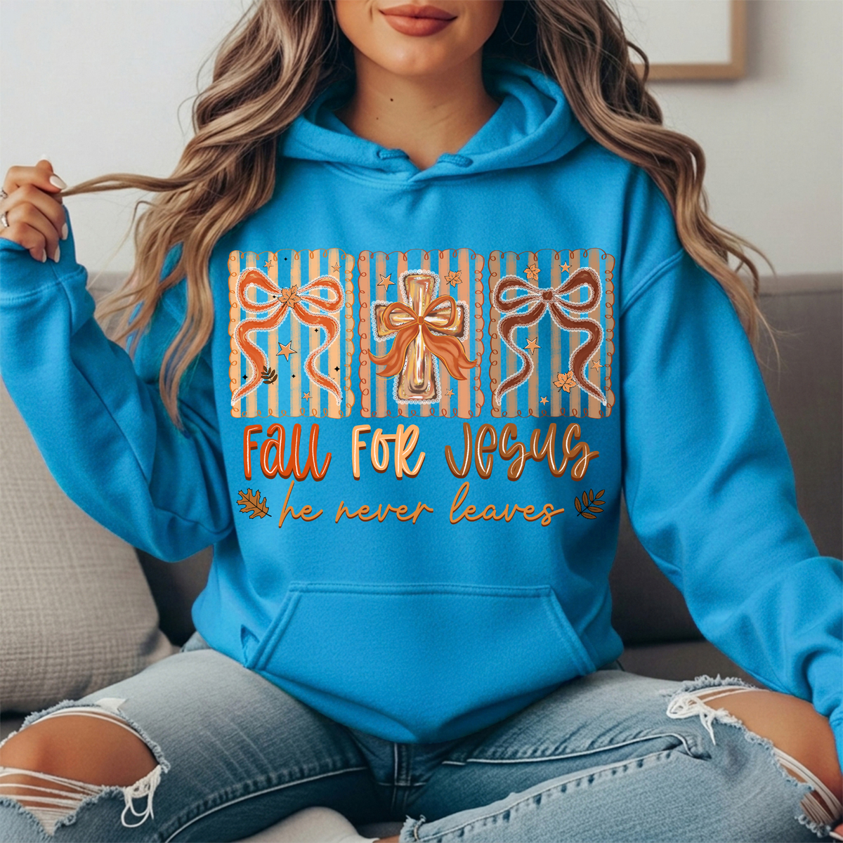 Fall for Jesus He Never Leaves Bow Cross Graphic Hoodie