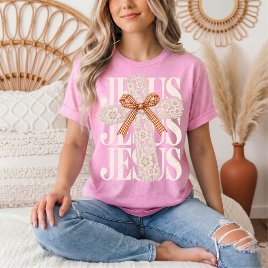 Jesus Lace Cross & Gingham Bow Christian Graphic Tee