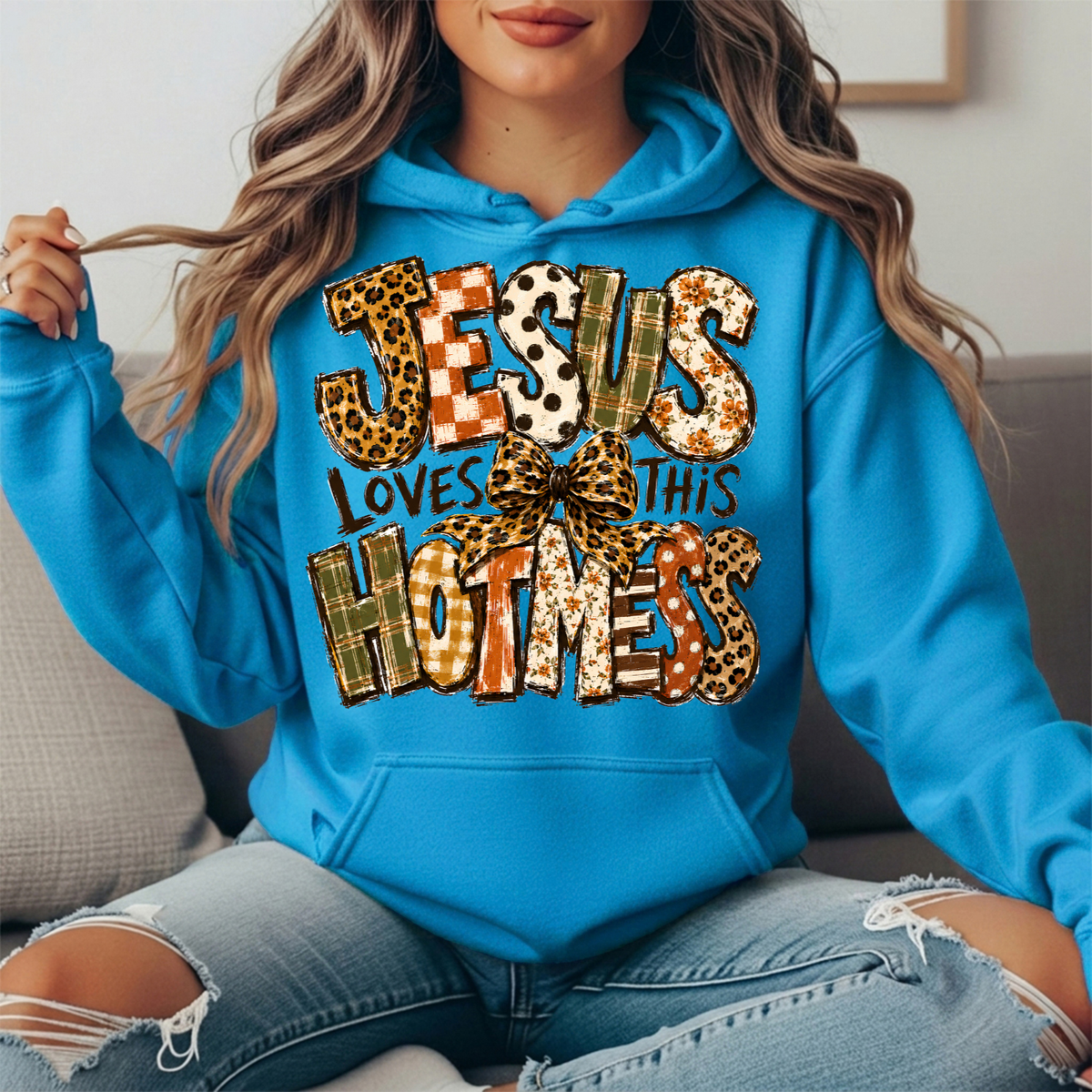 Jesus Loves This Hot Mess Leopard Bow Graphic Hoodie