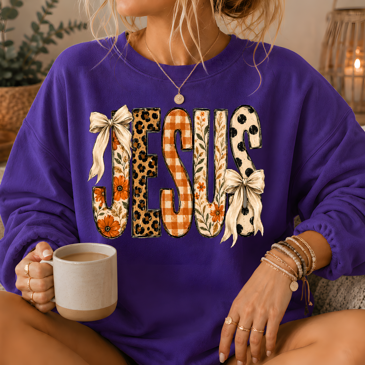 Jesus Mixed Print Bow Crewneck Sweatshirt