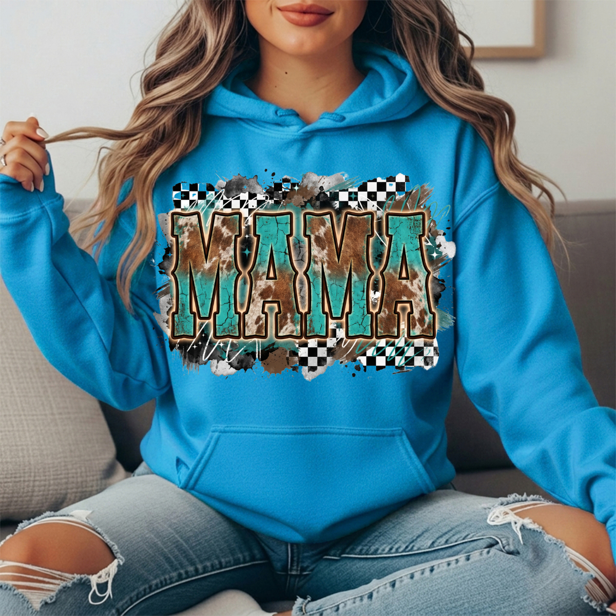 Turquoise Cowhide Mama Western Graphic Hoodie