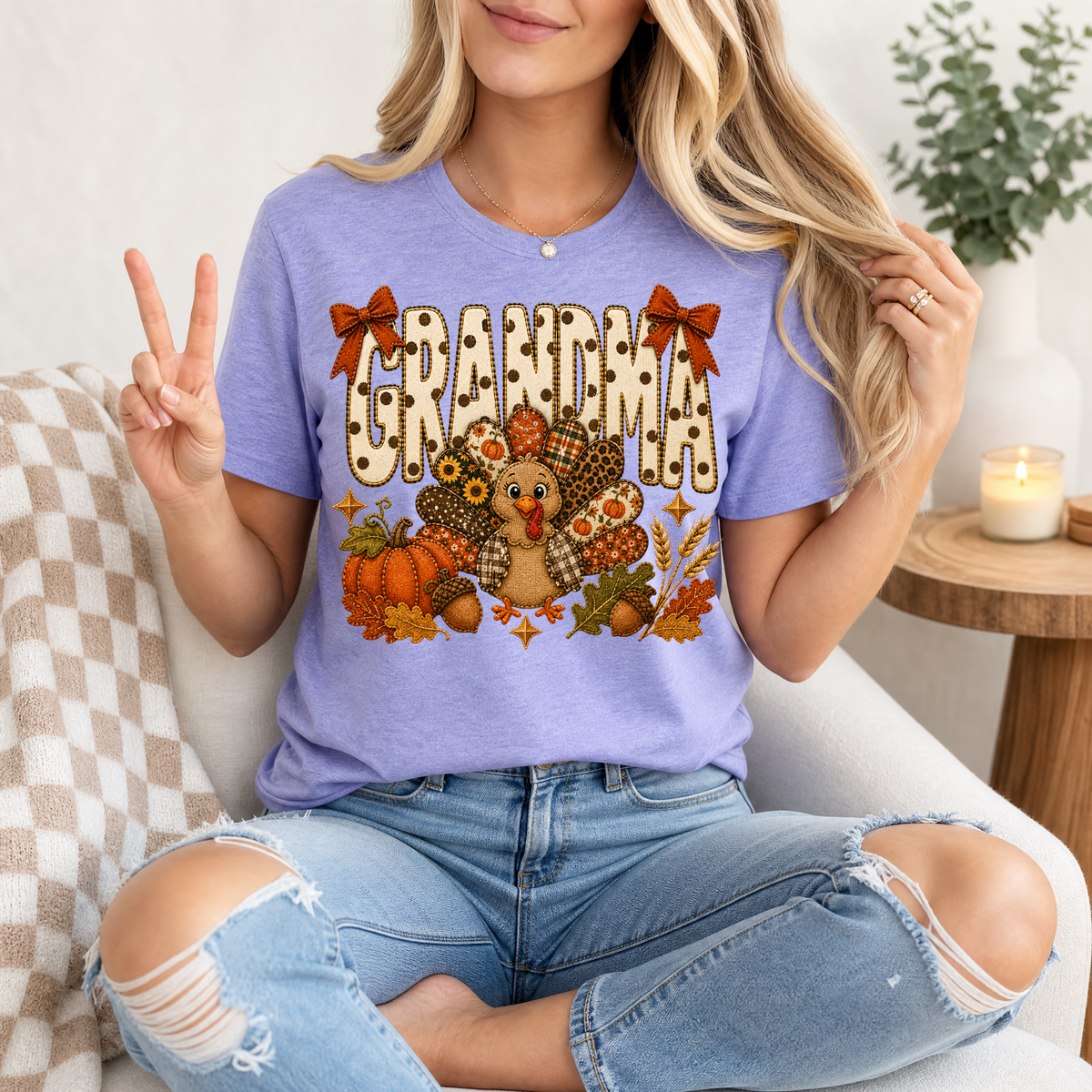 Grandma Thanksgiving Turkey & Bow Graphic Tee
