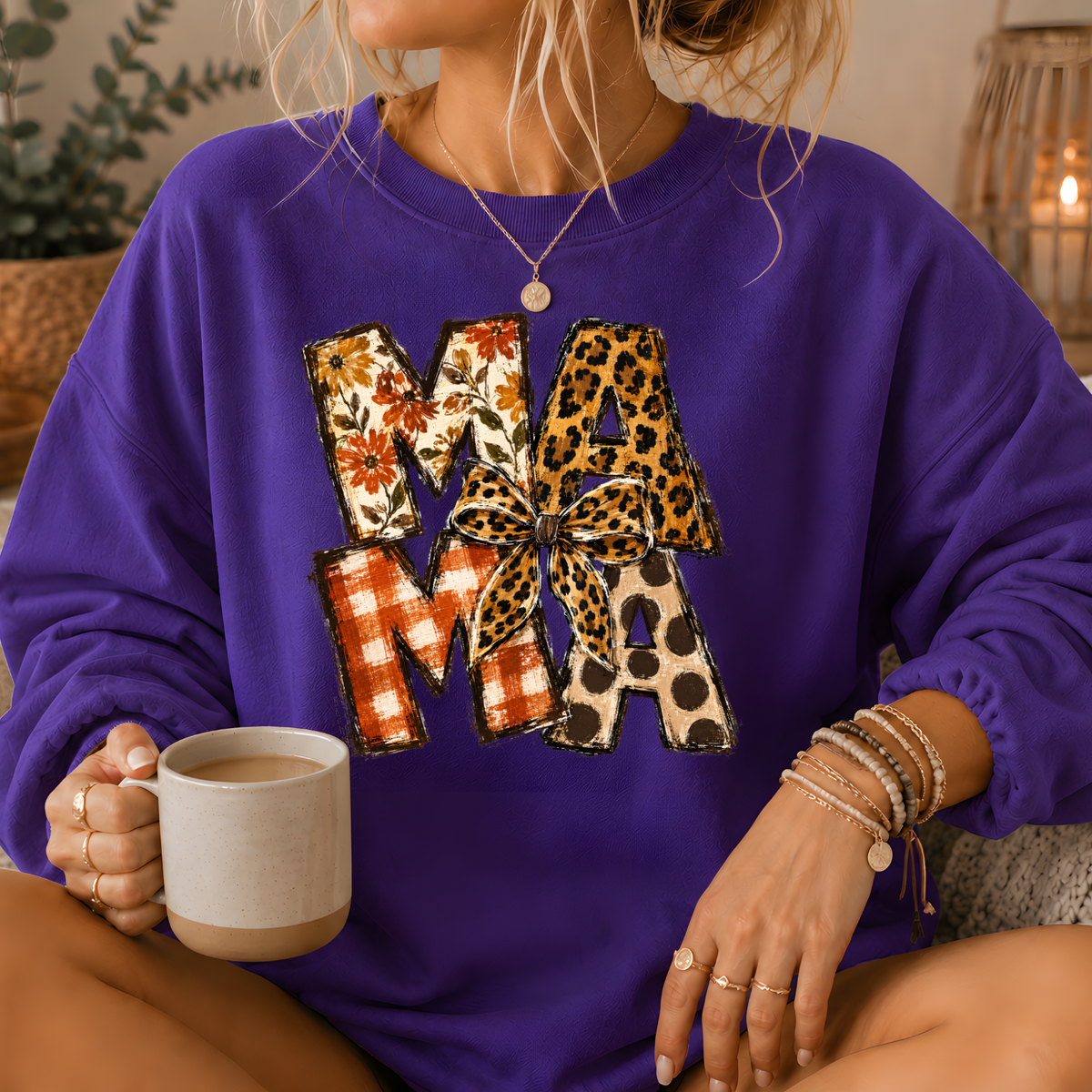 Mama Mixed Print Bow Crewneck Sweatshirt