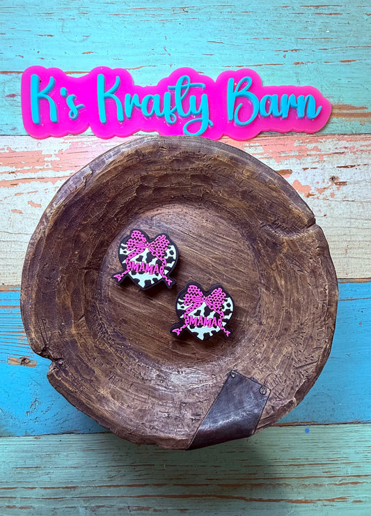 Wholesale Silicone Focal Bead- Cowprint heart Mama with pink bow