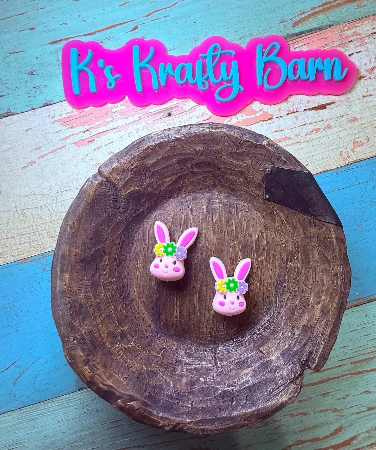 Silicone Focal Bead- 3D bunny with flower headband K's Krafty Barn