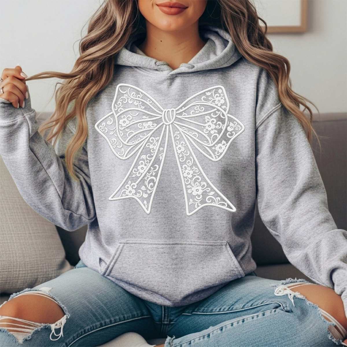Floral Lace Bow Graphic Hoodie