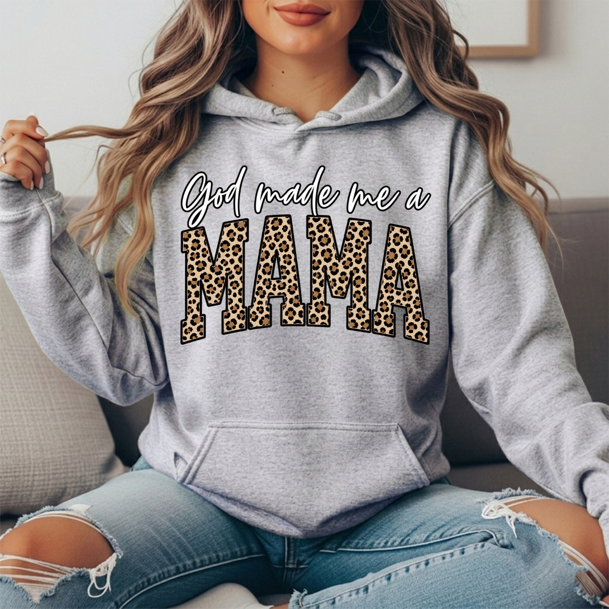 God Made Me a Mama Leopard Print Graphic Hoodie