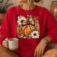 Pumpkin Plaid Bow Floral Crewneck Sweatshirt