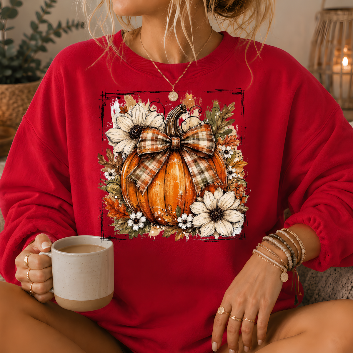 Pumpkin Plaid Bow Floral Crewneck Sweatshirt