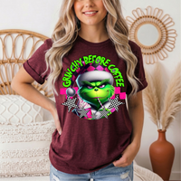 Grinchy Before Coffee Pink Checkerboard Christmas Graphic Tee