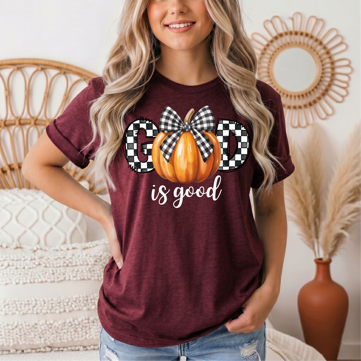 God Is Good Pumpkin & Gingham Bow Graphic Tee