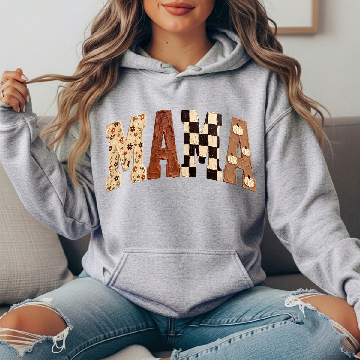 Mama Fall Floral, Checkerboard & Pumpkin Graphic Hoodie