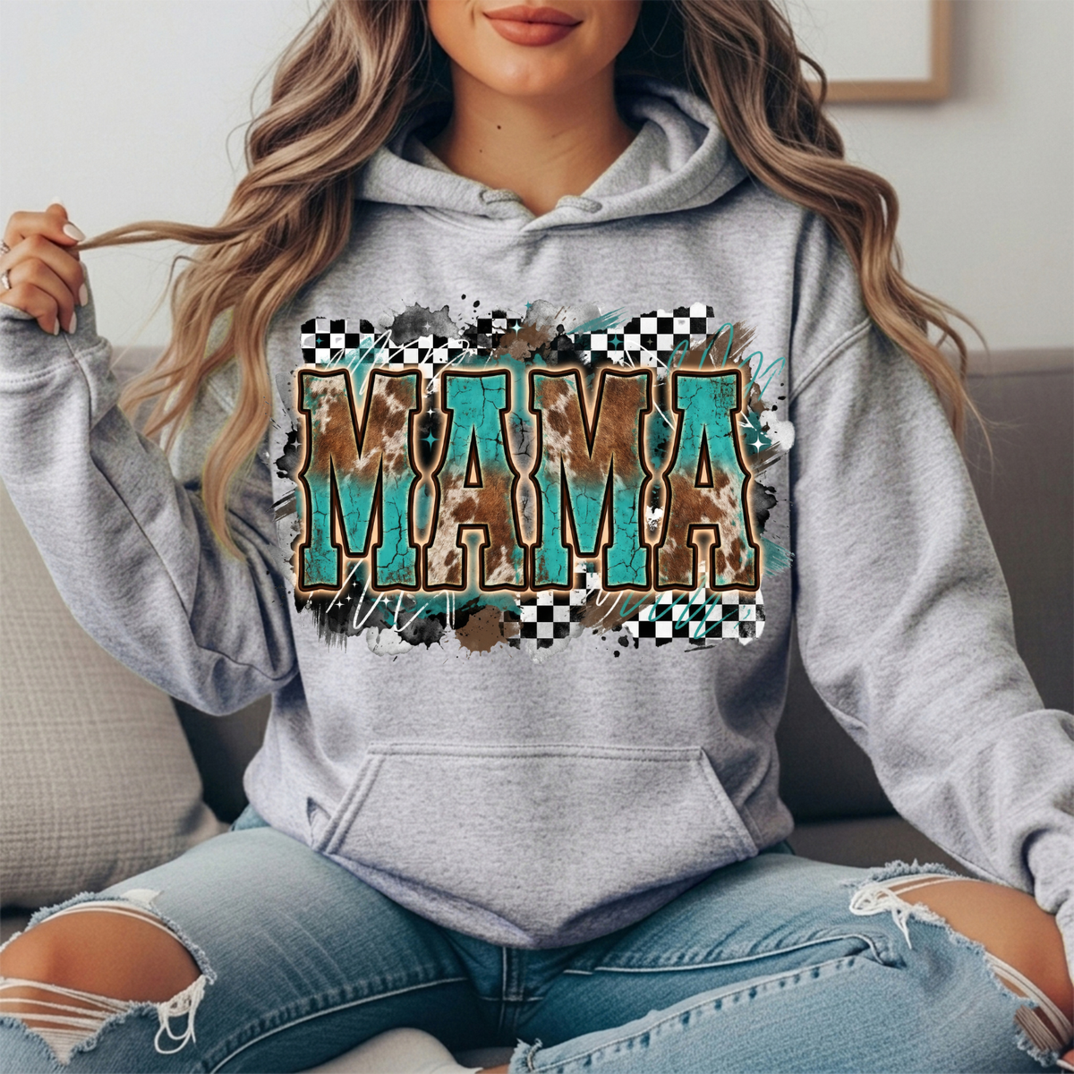 Turquoise Cowhide Mama Western Graphic Hoodie