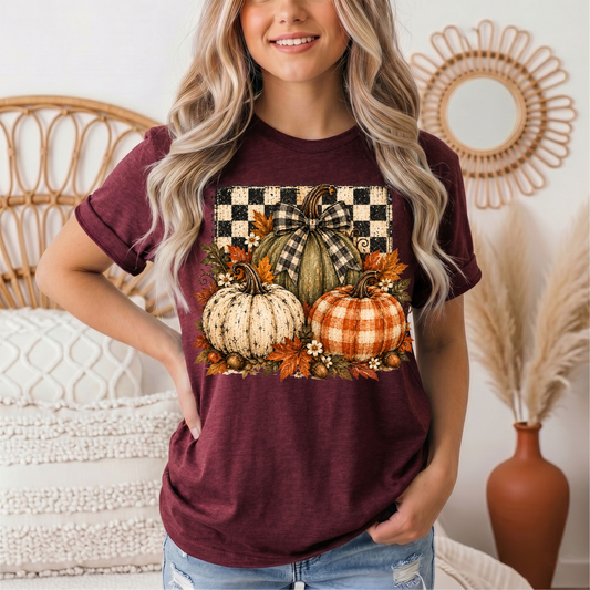 Rustic Fall Pumpkin Trio & Gingham Bow Graphic Tee