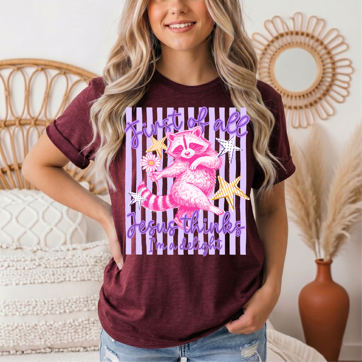Jesus Thinks I'm a Delight Pink Raccoon Graphic Tee