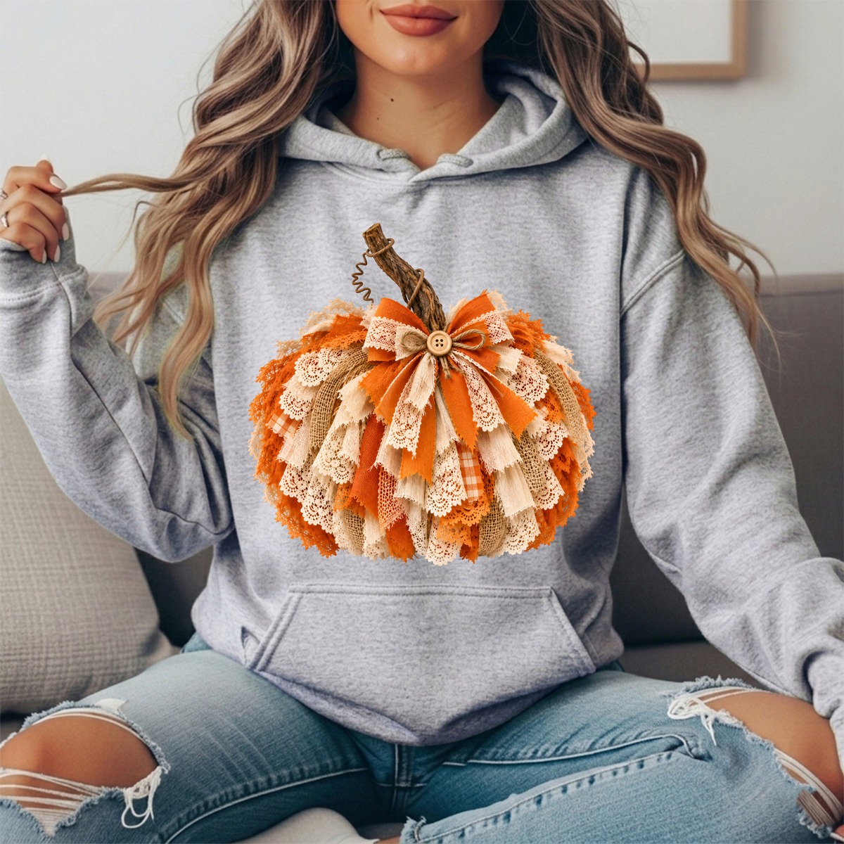Rustic Lace & Burlap Pumpkin Graphic Hoodie