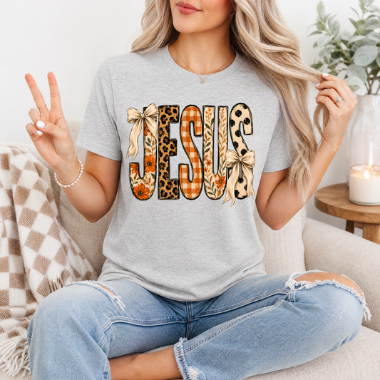 Jesus Floral, Leopard & Gingham Bow Graphic Tee