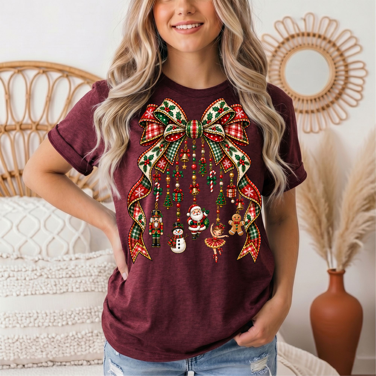Christmas Plaid Bow & Holiday Charms Graphic Tee