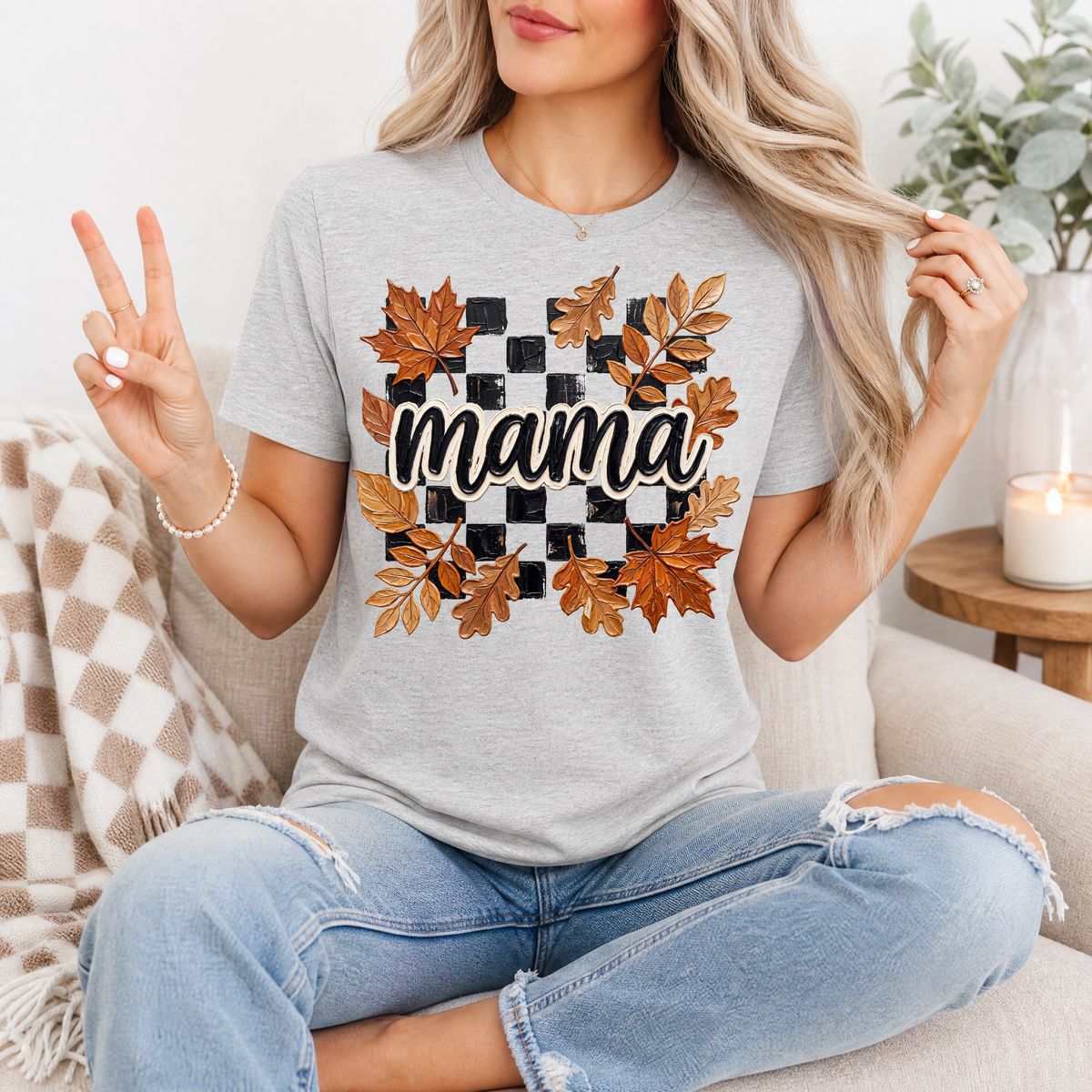 Mama Fall Leaves & Checkerboard Graphic Tee