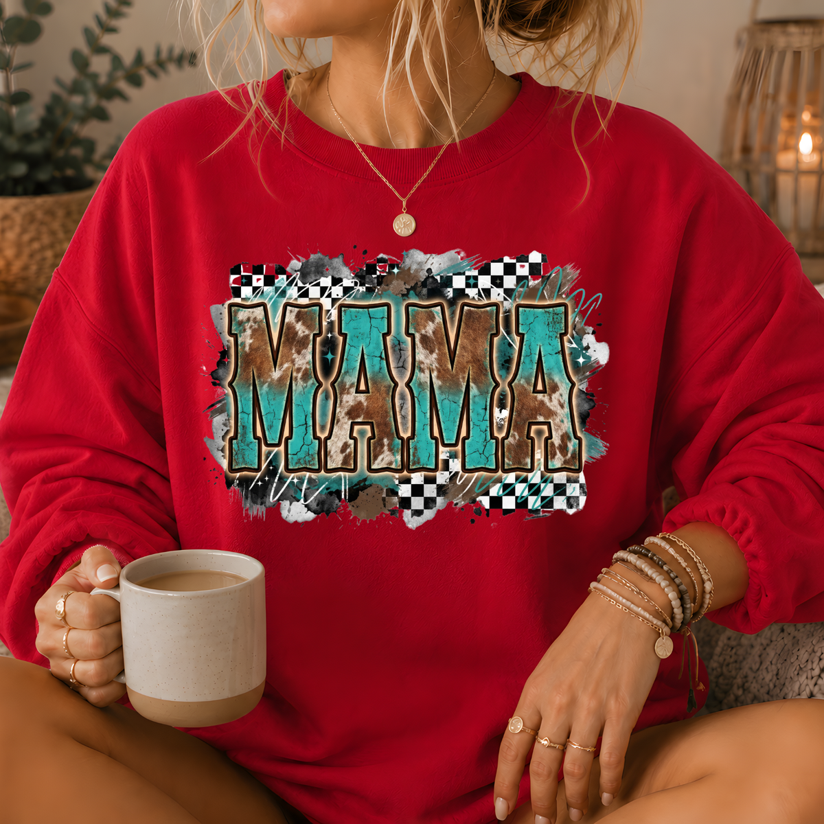 Mama Turquoise Cow Print Western Crewneck Sweatshirt