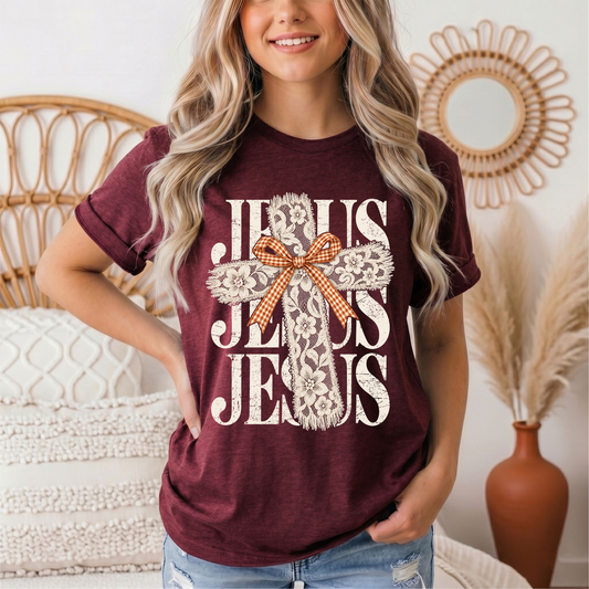 Jesus Lace Cross & Gingham Bow Christian Graphic Tee