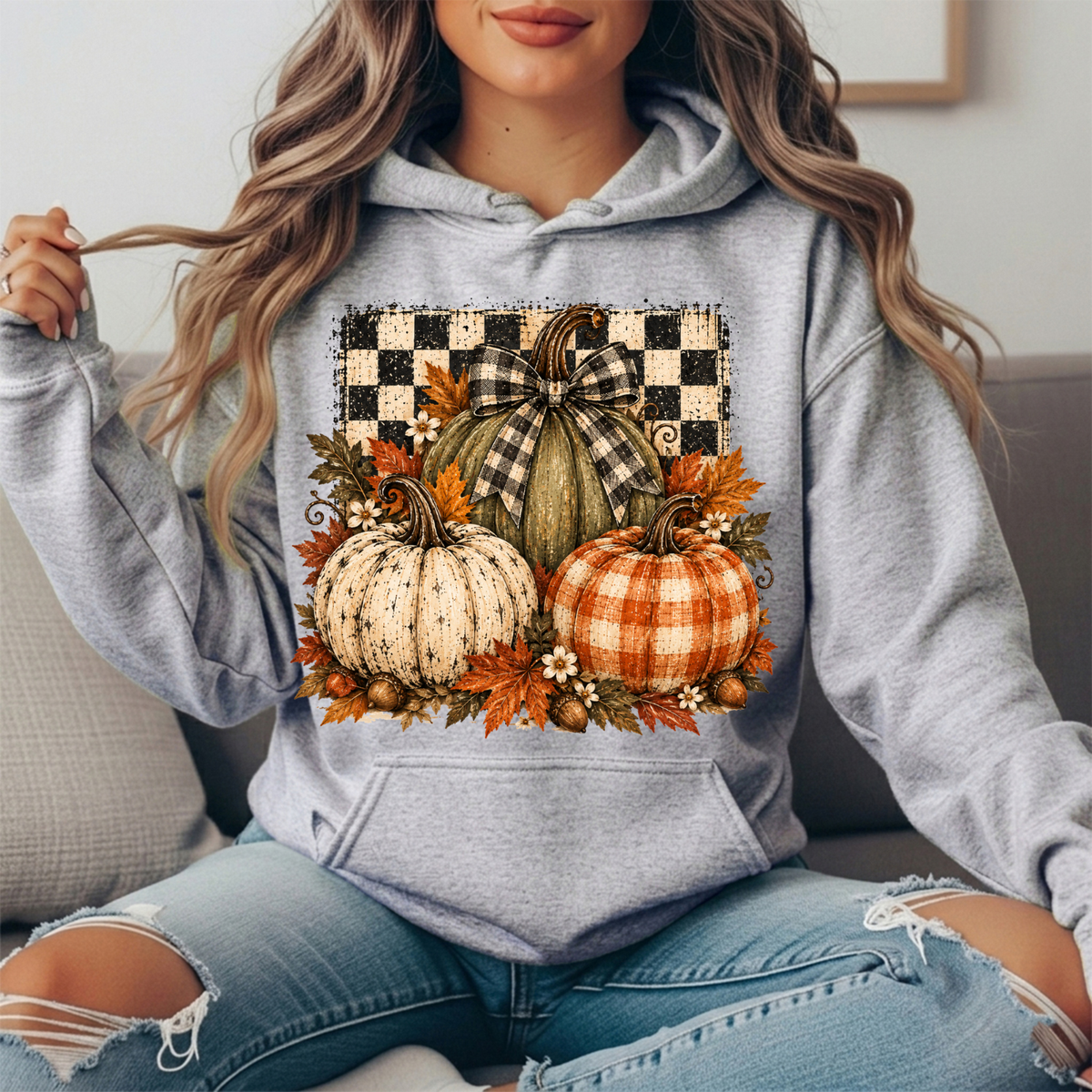 Rustic Fall Pumpkins Buffalo Check Bow Graphic Hoodie